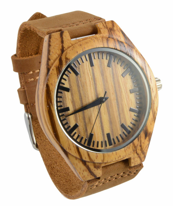Zebra Wood Leather Band Watch